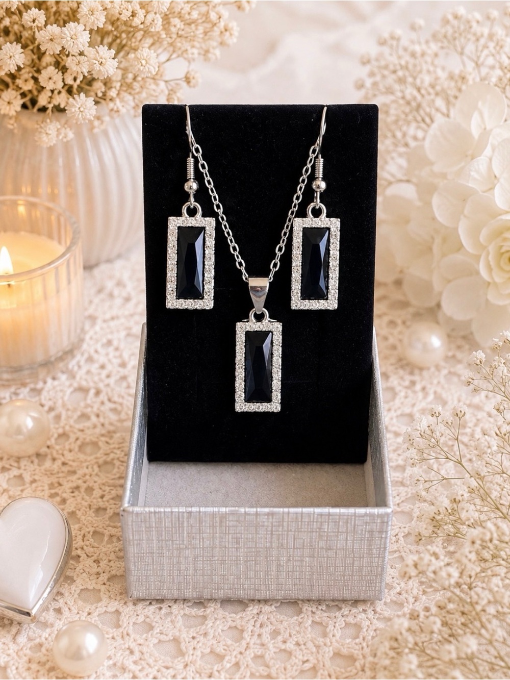 Silver-Tone Black Center Stone Rectangle Necklace & Earring Set-Clear Stone Acce